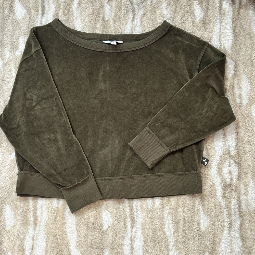 JoyLab Womens Olive Green Velour Cropped Sweatshirt Boat Neck Small VN1989909 - Picture 3 of 8